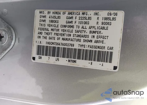 2007 Honda Accord 2.4 Ex from USA, damaged, VIN 1HGCM72647A002769